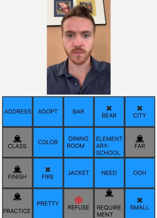 Screen shot of ASL Sea Battle app, showing a signer at the top and a grid of tiles below