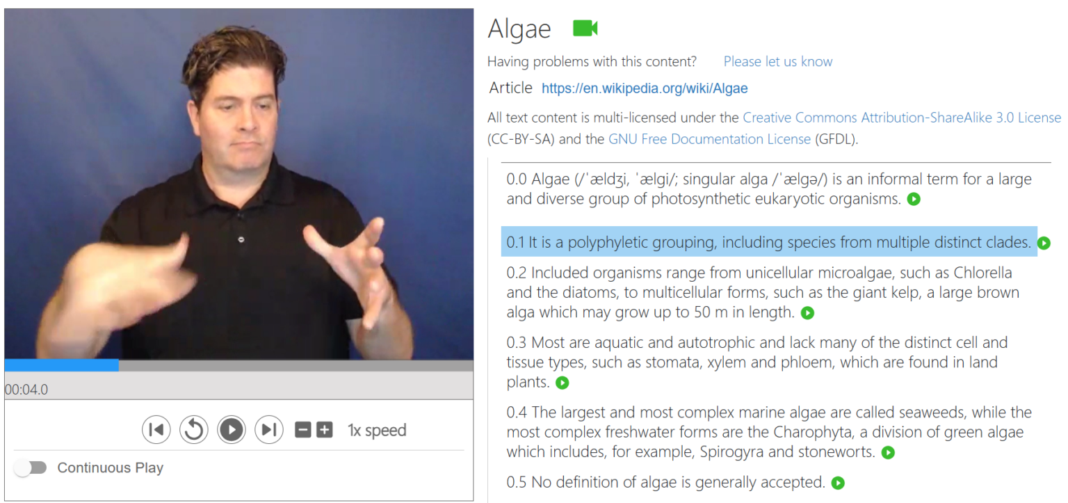 Screen shot of ASL Wiki interface, showing a signer at the left and an article text on the right